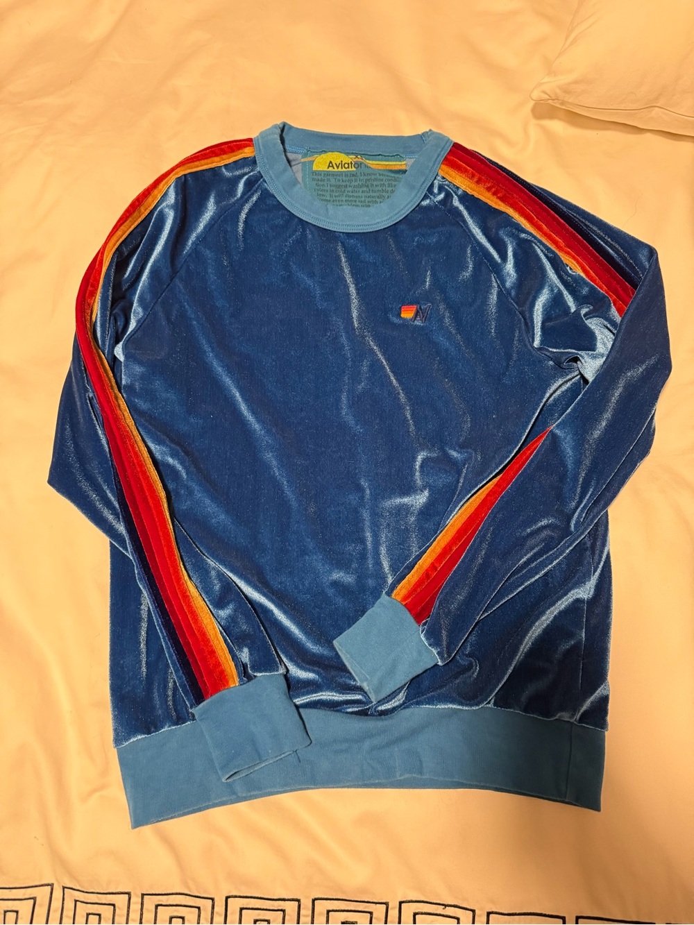 Aviator Nation Blue Velvet Crew with Rainbow Sleeve Stripes